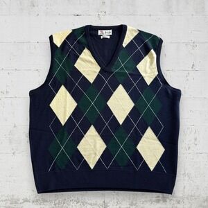 VTG Pringle of Scotland 100% Lambswool Argyle Sweater Vest V-Neck Sz XL 50 Blue